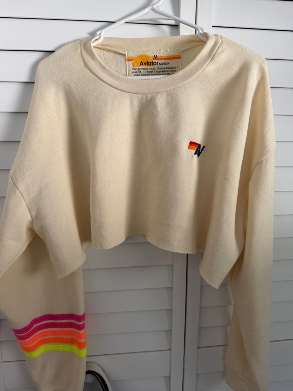 Aviator Nation Cream Cropped Sweatshirt with Neon Rainbow Sleeve Stripes